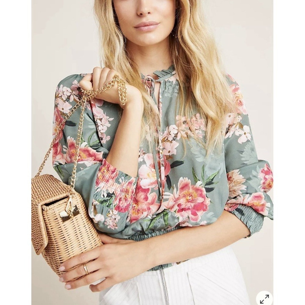 Kachel X Anthropologie Silk Blend Floral Print Boho Top Size 4 Smocked Waist
